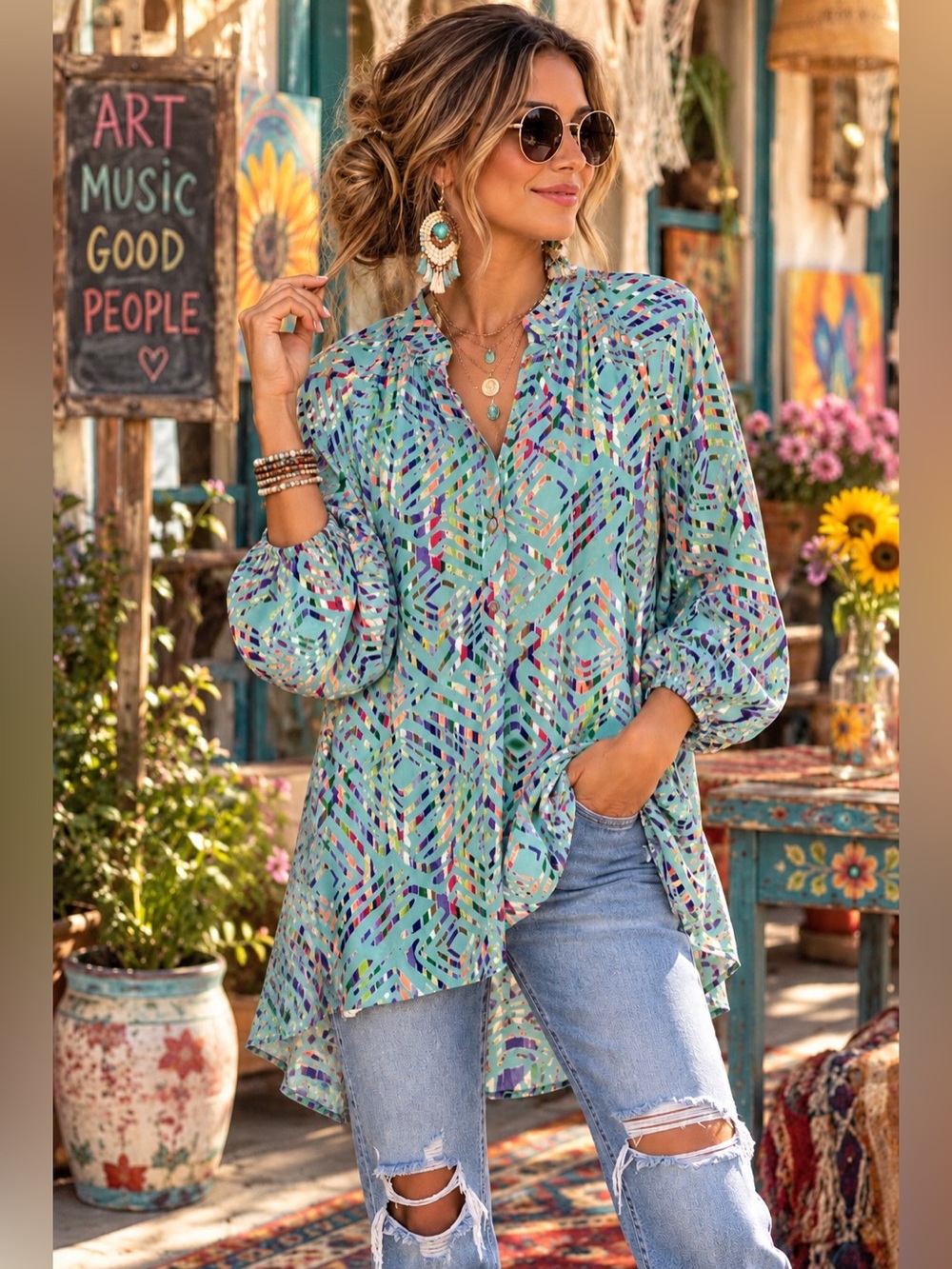 Brook Love Small Aqua Multicolor Geometric Print Tunic Blouse Boho